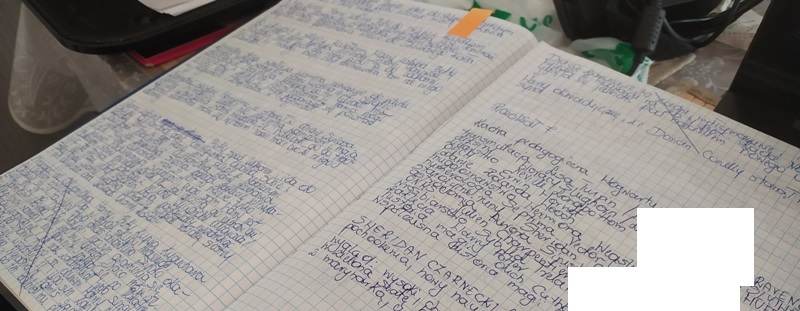 Przykładowe strony zeszytu z notatkami na temat fabuły trylogii